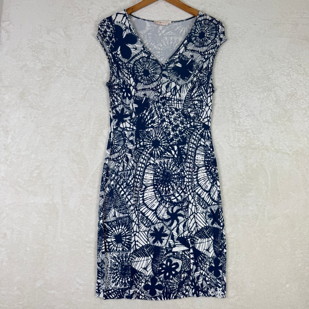 Tory Burch Navy Blue Baltic‎ Sea Dream Catcher Cap Sleeve V Neck Luxury -Size S